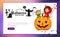 Cartoon kids sitting on Halloween pumpkin poster. Happy children in Hallows mystery costumes of shrek and devil having