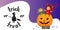 Cartoon kids sitting on Halloween pumpkin poster. Happy children in Hallows mystery costumes of shrek and devil having