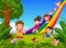 Cartoon kids sliding down the rainbow