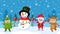 Cartoon kids and snowman. Children in Christmas costumes playing outdoor, winter holiday activities vector illustration