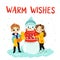 Cartoon kids, snowman, warm wishes text, Christmas season, winter holidays. The boy helps to put on the scarf snowman