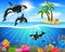 Cartoon killer whale jumping in blue ocean