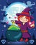 cartoon kind wizard making potion with love book