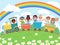 Cartoon kindergarten happy kids ride on toy train. Happy children sitting in carriages under rainbow in sky vector