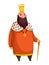 Cartoon king wearing crown and mantle. Fat king with stick standing. Color vector illustration