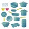 Cartoon kitchen utensils for baking. A set of dishes for baking: frying pan, saucepan, a colander. Molds for cupcakes