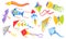 Cartoon kites, colorful flying children toy with ribbons. Kite festival, animal shape wind toys, summer outdoor kids