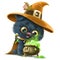 Cartoon kitten dressed like black witch with potion in cauldron and ingredient lizard in paw