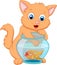 Cartoon Kitten Fishing for Gold Fish in an Aquarium Bowl