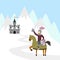 Cartoon knight on horseback and medieval castle on snow mountain