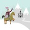 Cartoon knight on horseback and medieval castle on snow mountain