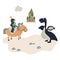 Cartoon knight on a horsem meets a dragon. Kids castle theme illustration.