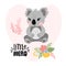 Cartoon koala, flowers, inscription - little hero