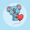 cartoon koala flying using a heart shaped balloon