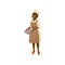 Cartoon lady cook holding tray with freshly baked cupcakes. Black woman character in glasses, chef hat, dress and brown