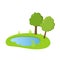 Cartoon lake with green grass and trees on the banks, flat style landscape design element. Flat vector illustration