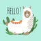 Cartoon lama vector design - hello card with cute alpaca and cactus