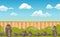 Cartoon landscape banner. Country or village background, stones wooden fence and blue cloudy sky vector illustration