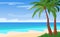 Cartoon landscape of empty island, beautiful beach overlooking the sea, palms, scorching sun. Bright landscape summer background