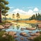Cartoon Landscape: Tranquil Marsh With Reflective Water, Trees, And Rocks