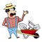 Cartoon landscaper with wheelbarrow and garden tools