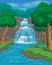 Cartoon landscapes with waterfall and trees.