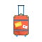 Cartoon large orange suitcase with handle vector flat illustration. Colorful travel luggage with stickers isolated on