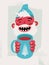 Cartoon laughing bearded man holds a mug with a hot drink in his hands. Vintage Christmas card or poster design. Retro vector illu