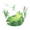 Cartoon lazy Frog on lily pad. Vector watercolor illustration