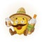 Cartoon lemon in a sombrero and boots drinking tequila. Vector illustration