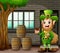 Cartoon Leprechaun carrying sack of gold in front of the house