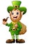 Cartoon Leprechaun carrying sack of gold with holding a smoking pipe