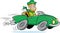 Cartoon leprechaun driving a fast little car.