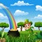 Cartoon leprechaun girl running near a pot of gold