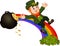 Cartoon leprechaun sliding down the rainbow