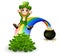 Cartoon leprechaun sliding down the rainbow