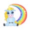 Cartoon light blue lovely unicorn sitting on a rainbow. Colorful vector character