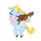 Cartoon light blue lovely unicorn violinist playing. Colorful vector character