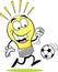 Cartoon light bulb playing soccer.