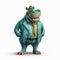 Cartoon-like Hippo In Stylish Green Suit: Photorealistic Rendering