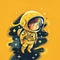 Cartoon-like illustration of an adventurous and playful astronaut girl in a yellow suit, exploring the vastness of the universe