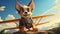 In a cartoon-like scene, a miniature plane was being flown by the tiny chihuahua.