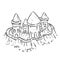 Cartoon lineart hand drawn sand castle, fort or fortress with towers. Cute isolated sketch