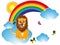 Cartoon lion with butterflies on rainbow clouds.