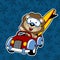 Cartoon of lion driving a car with surfboard