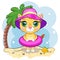 Cartoon lion in flippers, swimming circle, hat, glasses. Character with beautiful eyes, childish. Summer, vacation