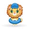 Cartoon lion in flippers, swimming circle, hat, glasses. Character with beautiful eyes, childish. Summer, vacation