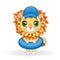 Cartoon lion in flippers, swimming circle, hat, glasses. Character with beautiful eyes, childish. Summer, vacation