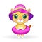Cartoon lion in flippers, swimming circle, hat, glasses. Character with beautiful eyes, childish. Summer, vacation