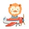 Cartoon lion fly on a airplane. Image for children clothes, postcards.